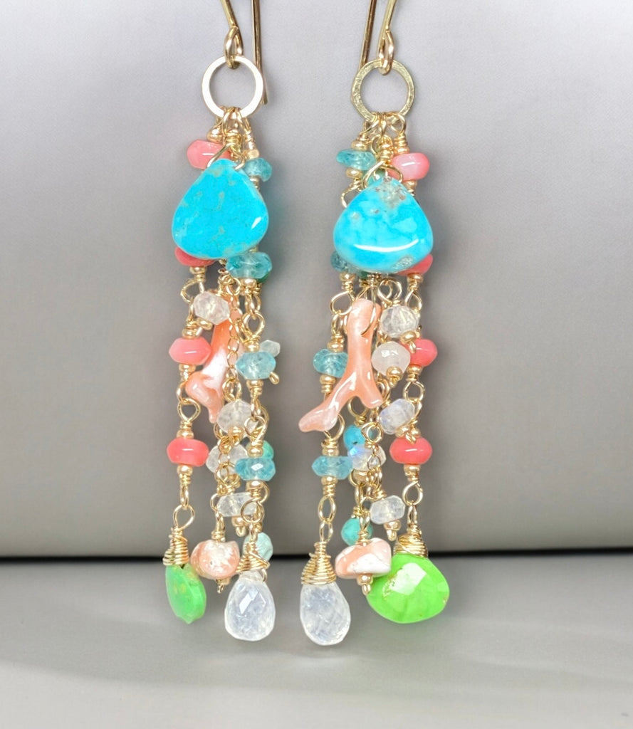 Kingman Blue and Green Turquoise, Coral, Moonstone Gemstone Dangle Earrings 2