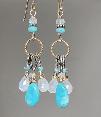 Kingman Turquoise, Rainbow Moonstone Dangle Earrings Mixed Metals, Handmade