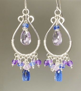 Blue Kyanite and Purple Gemstone Hoop Chandelier Earrings