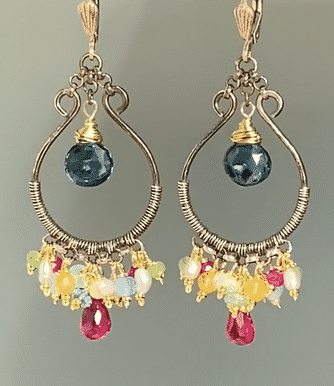 London Blue Topaz, Multi Gemstone, Oxidized Silver Hoop Chandelier Earrings