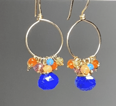 Mexican Fire Opal, Peridot, Opal and Blue Lapis Earrings Gold Fill