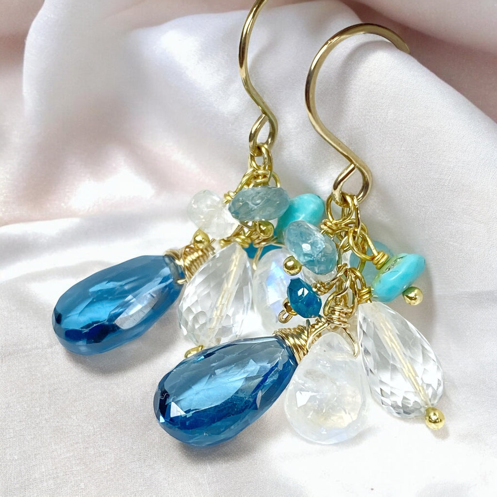 London Blue Topaz, Moonstone, Crystal Quartz Dangle Earrings, Gold Fill