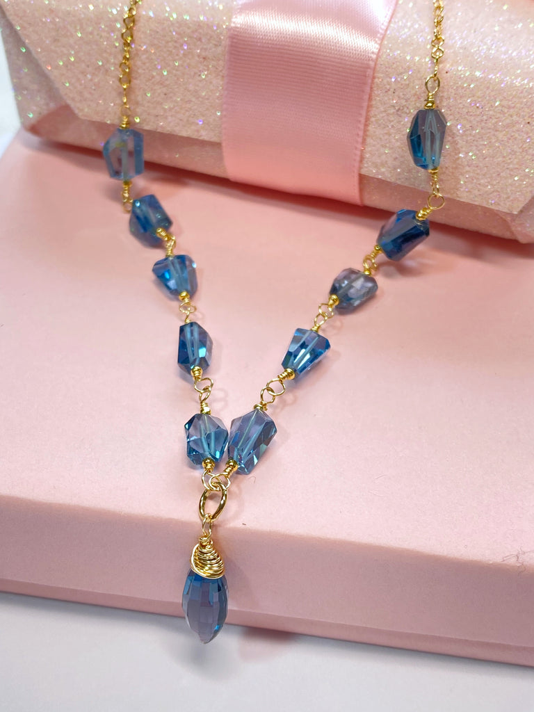 London Blue Topaz Pendant Wire Wrap Necklace Rosary Style Gold Fill