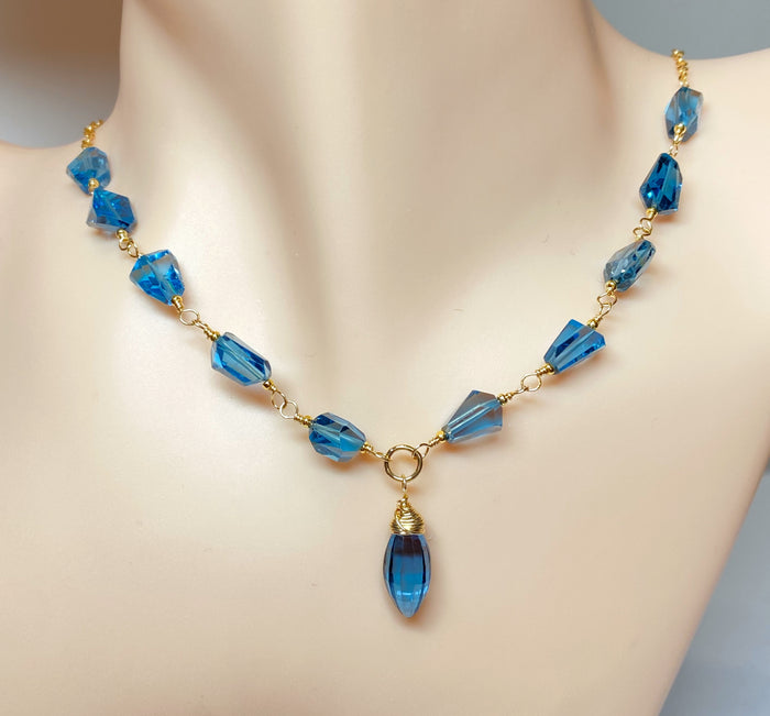 London Blue Topaz Pendant Wire Wrap Necklace Rosary Style Gold Fill