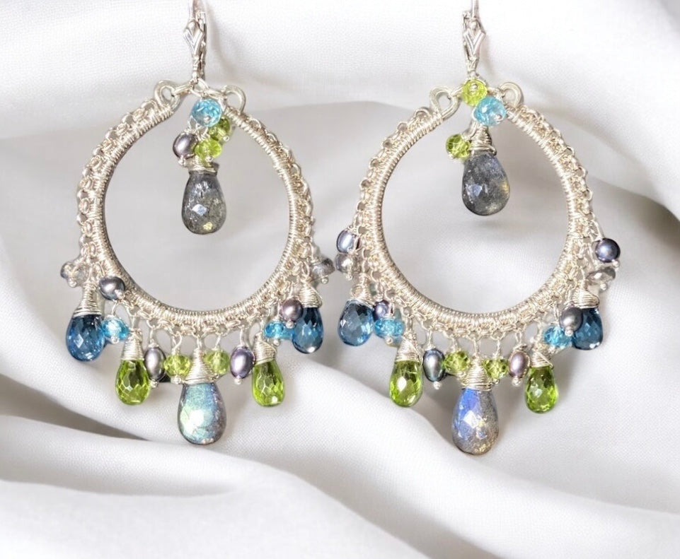 London Blue Topaz Labradorite Gemstone Hoop Earring Sterling Silver