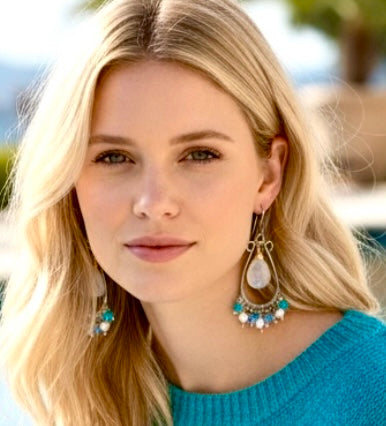 Rainbow Moonstone Chandelier Hoop Earrings — White, Teal, Green, Violet Gems, Mixed Metals
