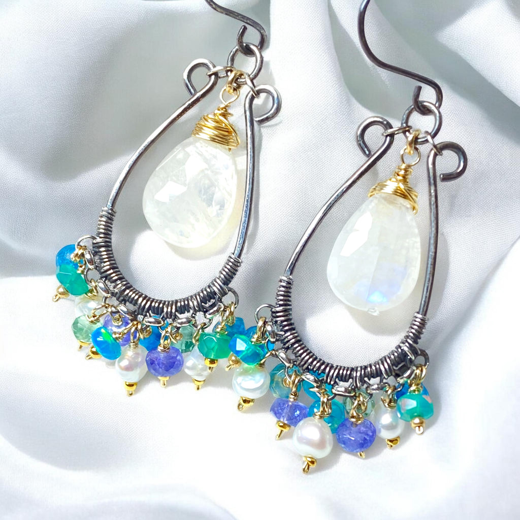 Rainbow Moonstone Chandelier Hoop Earrings — White, Teal, Green, Violet Gems, Mixed Metals