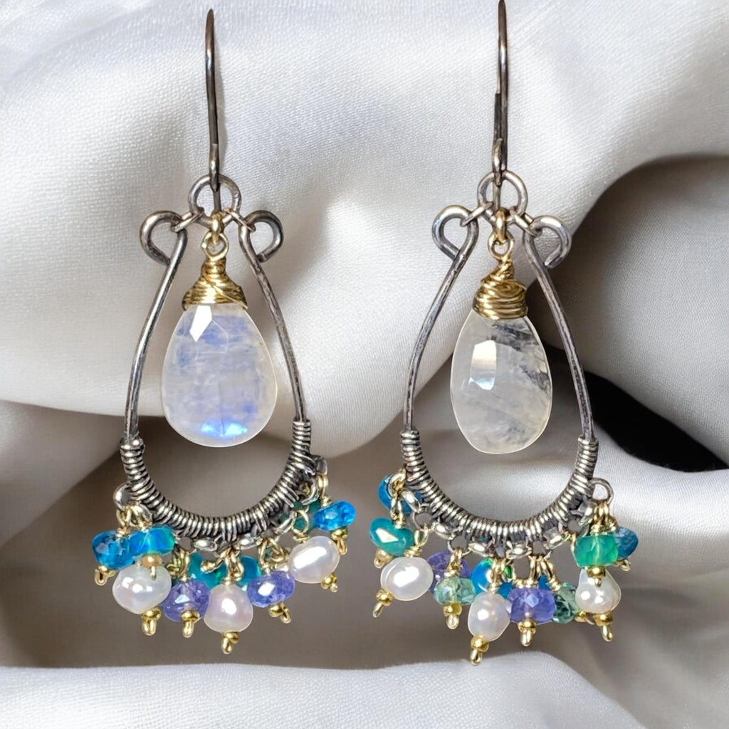 Rainbow Moonstone Chandelier Hoop Earrings — White, Teal, Green, Violet Gems, Mixed Metals
