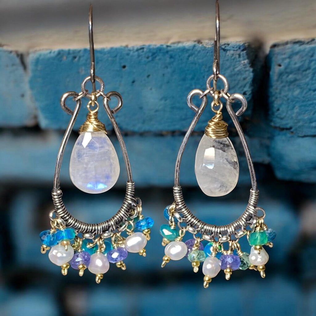 Rainbow Moonstone Chandelier Hoop Earrings — White, Teal, Green, Violet Gems, Mixed Metals