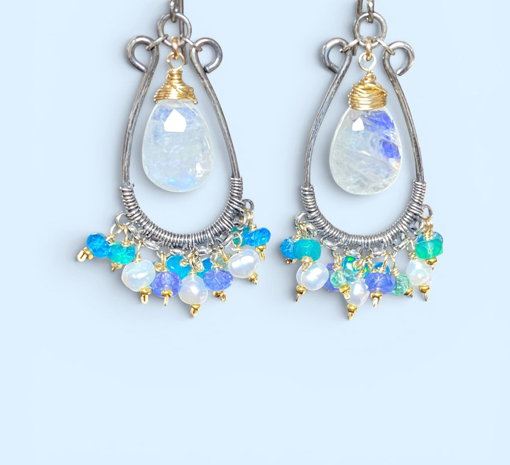Rainbow Moonstone Chandelier Hoop Earrings — White, Teal, Green, Violet Gems, Mixed Metals