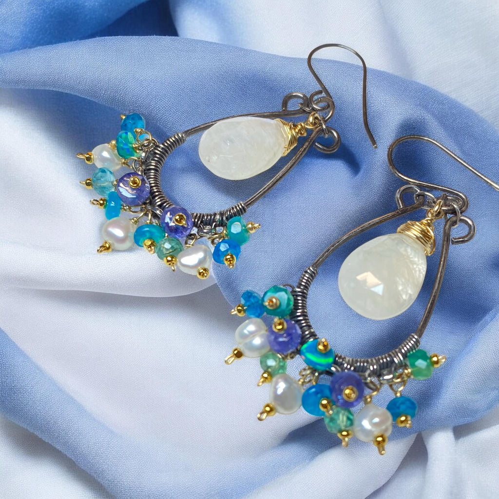 Rainbow Moonstone Chandelier Hoop Earrings — White, Teal, Green, Violet Gems, Mixed Metals