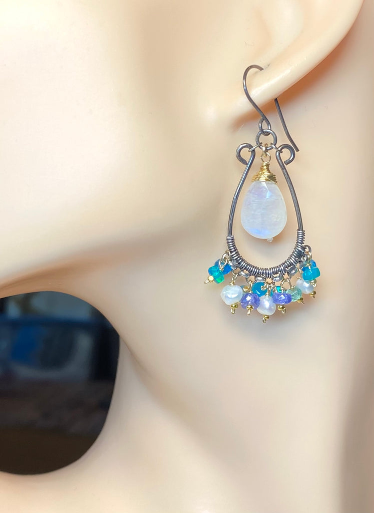 Rainbow Moonstone Chandelier Hoop Earrings — White, Teal, Green, Violet Gems, Mixed Metals