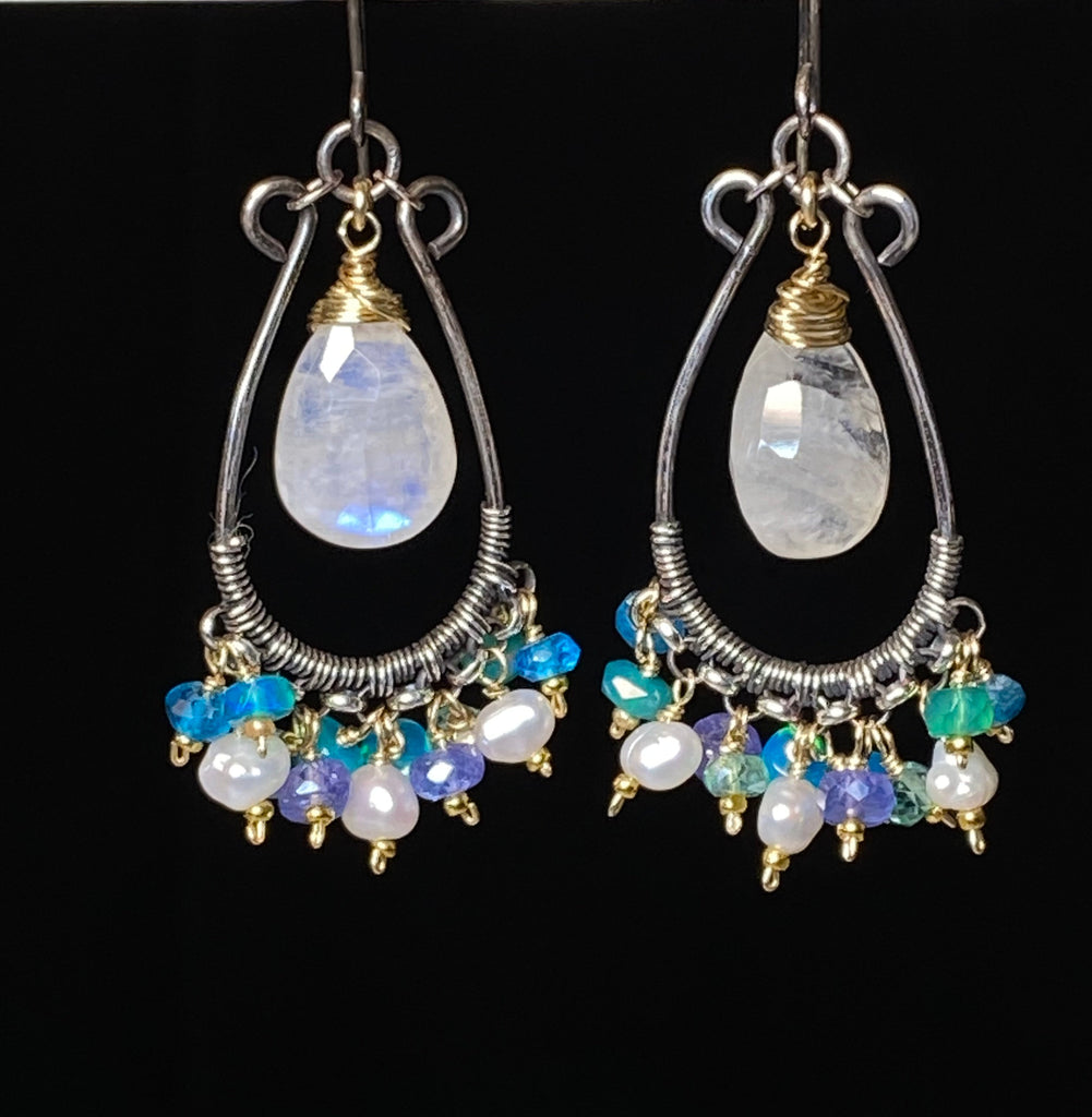 Rainbow Moonstone Chandelier Hoop Earrings — White, Teal, Green, Violet Gems, Mixed Metals