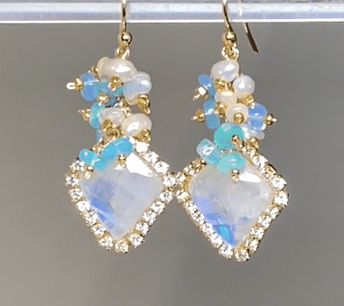 Rainbow Moonstone Diamond Style, Opal Cluster Dangle Earrings Gold