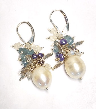Moss Aquamarine and Pearl Cluster Earrings, Sterling Silver