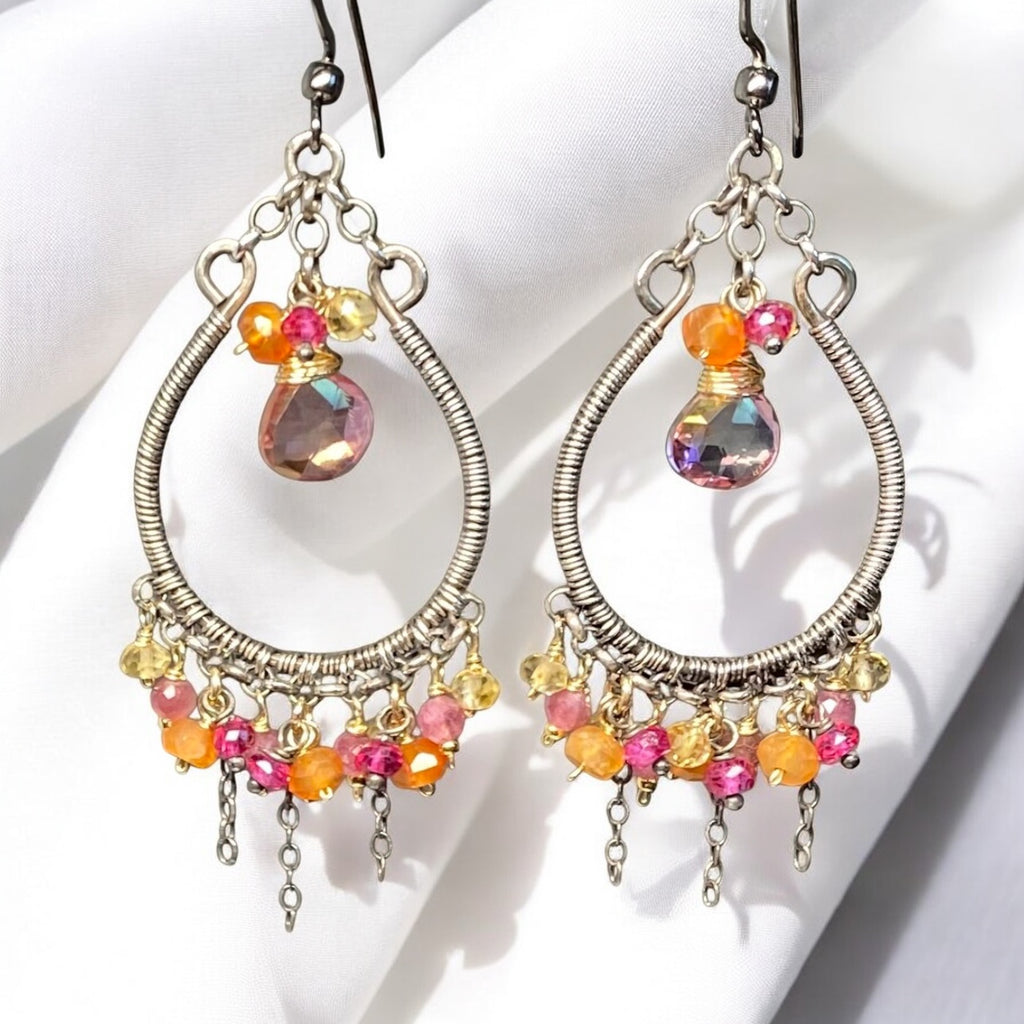 Multi-color Gemstone Hoop Chandelier Earrings in Mixed Metals