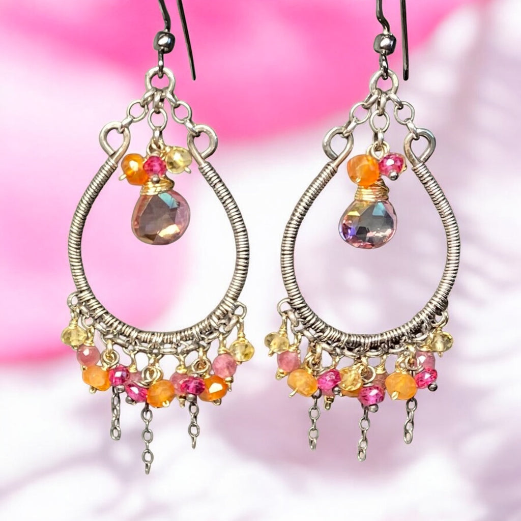 Multi-color Gemstone Hoop Chandelier Earrings in Mixed Metals