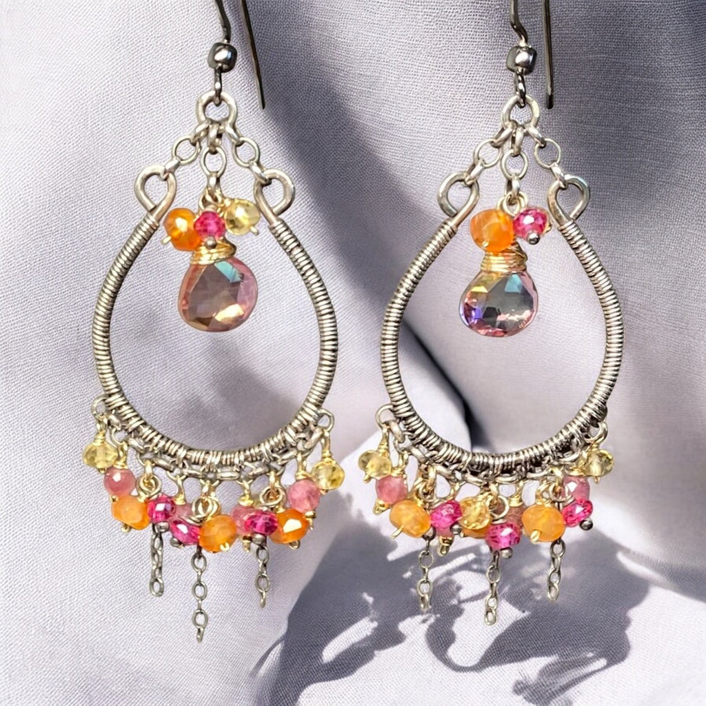 Multi-color Gemstone Hoop Chandelier Earrings in Mixed Metals