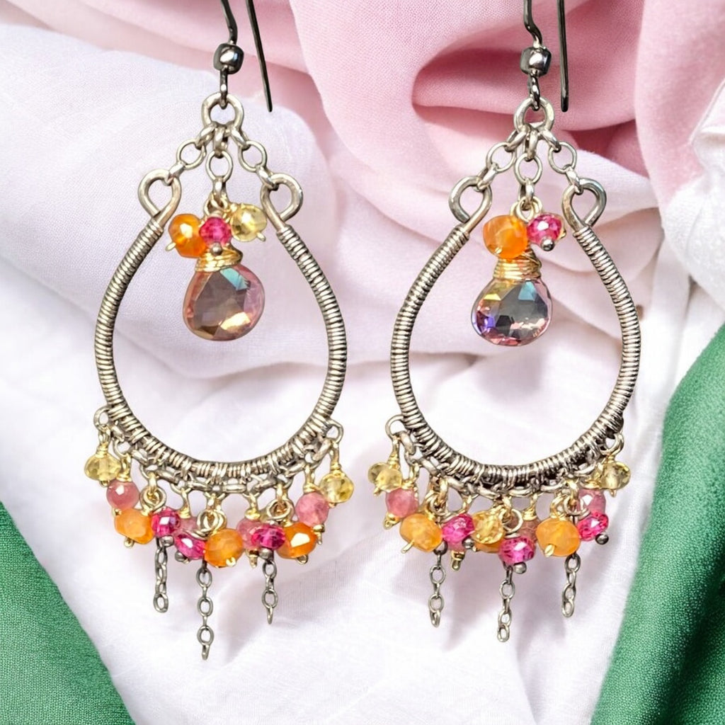 Multi-color Gemstone Hoop Chandelier Earrings in Mixed Metals