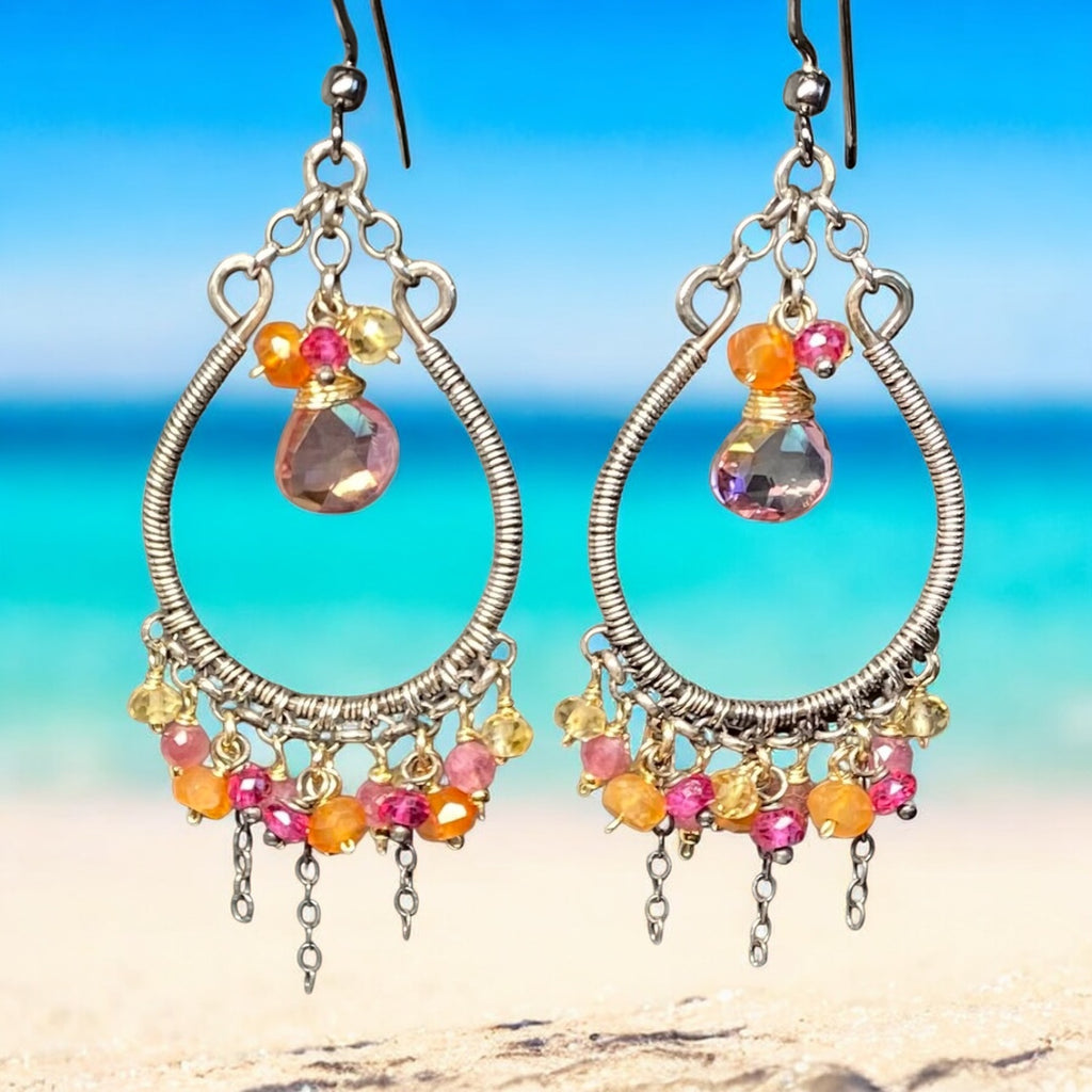 Multi-color Gemstone Hoop Chandelier Earrings in Mixed Metals
