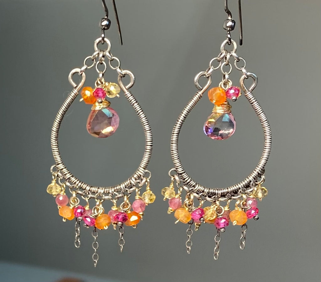 Multi-color Gemstone Hoop Chandelier Earrings in Mixed Metals