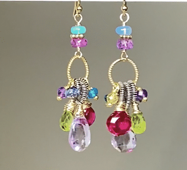 Multi Gemstone Dangle Earrings, Coiled Oxidized Silver Wire, Handmade