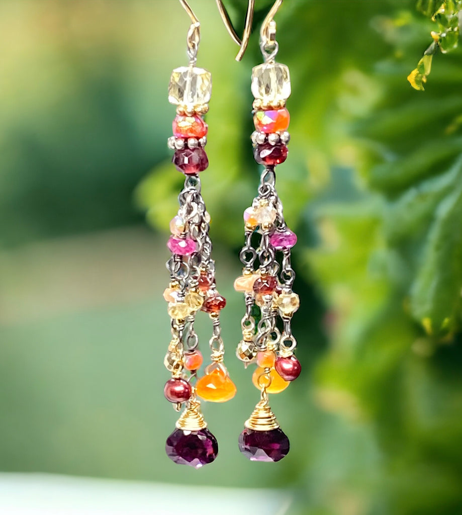 Multi Gemstone Gem Dangle Earrings, Boho Tassel Style, Red Garnet, Carnelian, Citrine, Mixed Metal