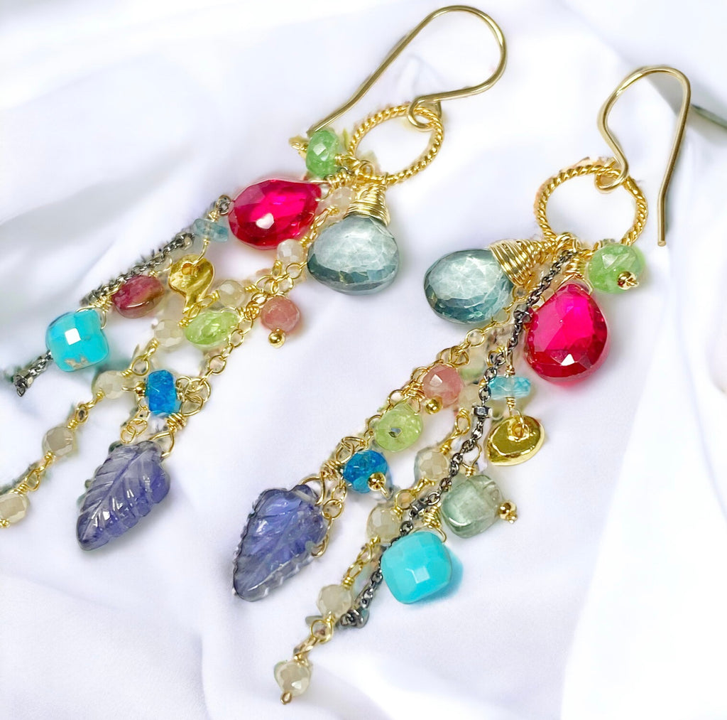 Hot Pink Topaz Colorful Gemstone Dangle Earrings Gold Fill Mixed Metal