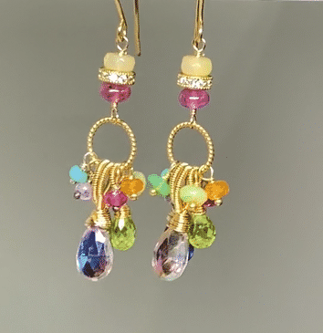 Multi Gemstone Dangle Earrings, Coiled Gold Wire, Handmade 2