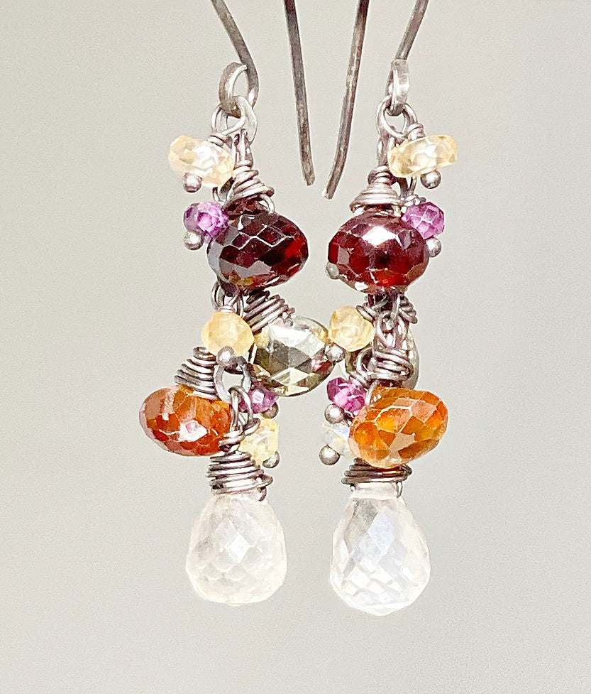 Garnet Oxidized Silver Multicolor Gem Dangle Earrings