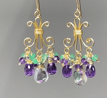 Mystic topaz chandelier earrings in gold fill with amethyst, green topaz