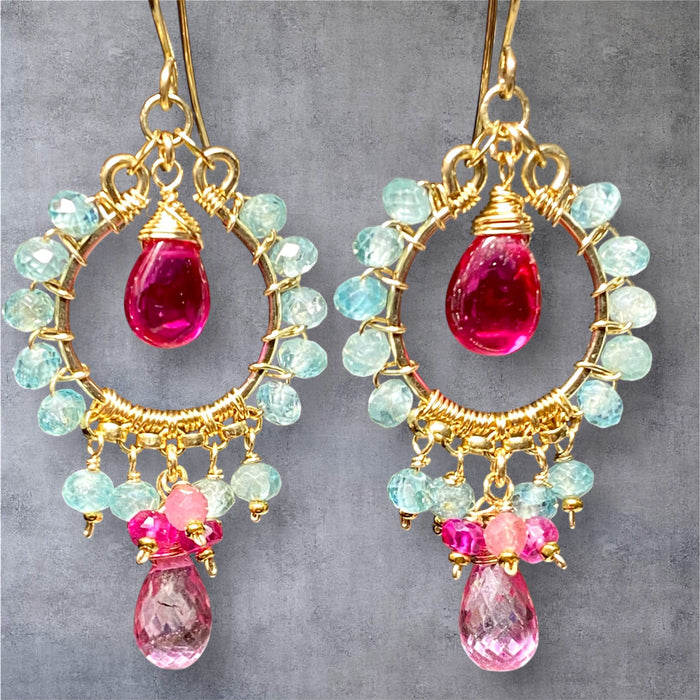 Natural Blue Zircon, Pink Gemstone Chandelier Hoop Earrings Gold Fill