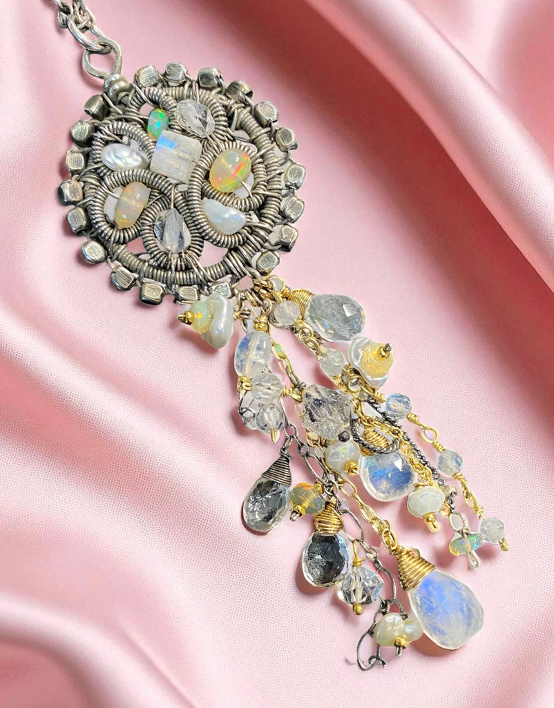 RESERVED for M - Opal, Moonstone, Crystal Oxidized Silver Coiled Pendant Necklace
