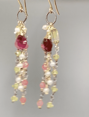 Pink tourmaline mixed metal dangle earrings with more pink tourmaline, peridot and pearls