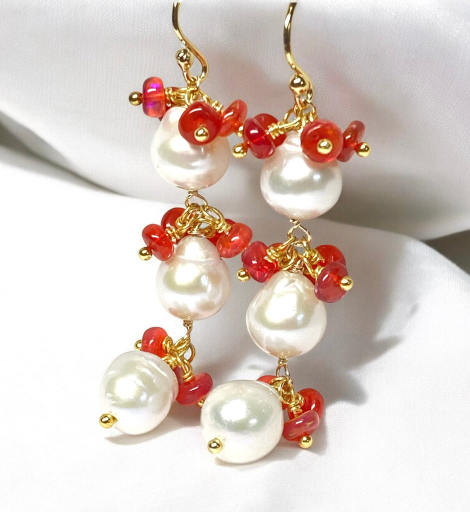 Pearl and Red Ethiopian Opal Long Dangle Earrings Gold