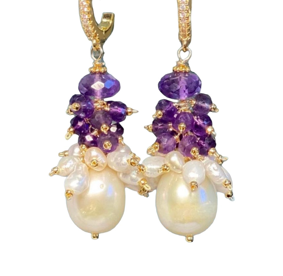 Amethyst Cluster Ivory Baroque Pearl Earrings