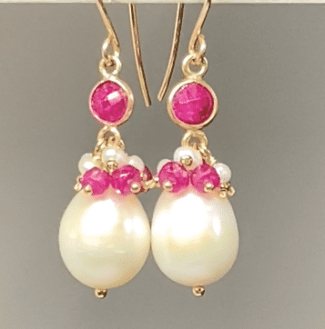 Ivory pearl earrings with clusters of ruby gemstones and tiny pearl with ruby connectors