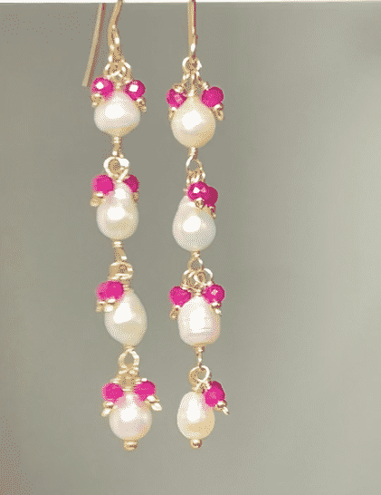 Ruby and Pearl Long Dainty Earrings Gold Fill