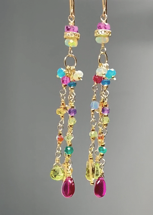 Multi Gemstone Gold Fill Long Dangle Earrings with Peridot, Citrine, Rubellite