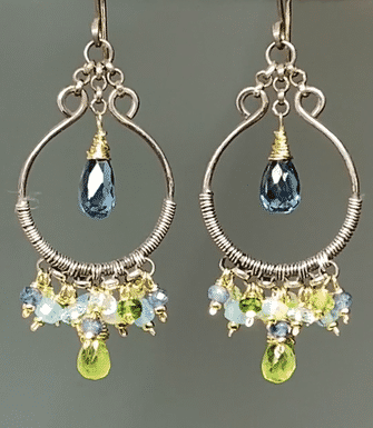 London Blue Topaz, Peridot, Oxidized Silver Hoop Chandelier Earrings Mixed Metal