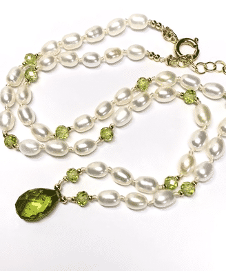 Peridot Gemstone and Pearl Pendant Necklace on 14 kt Gold Fill