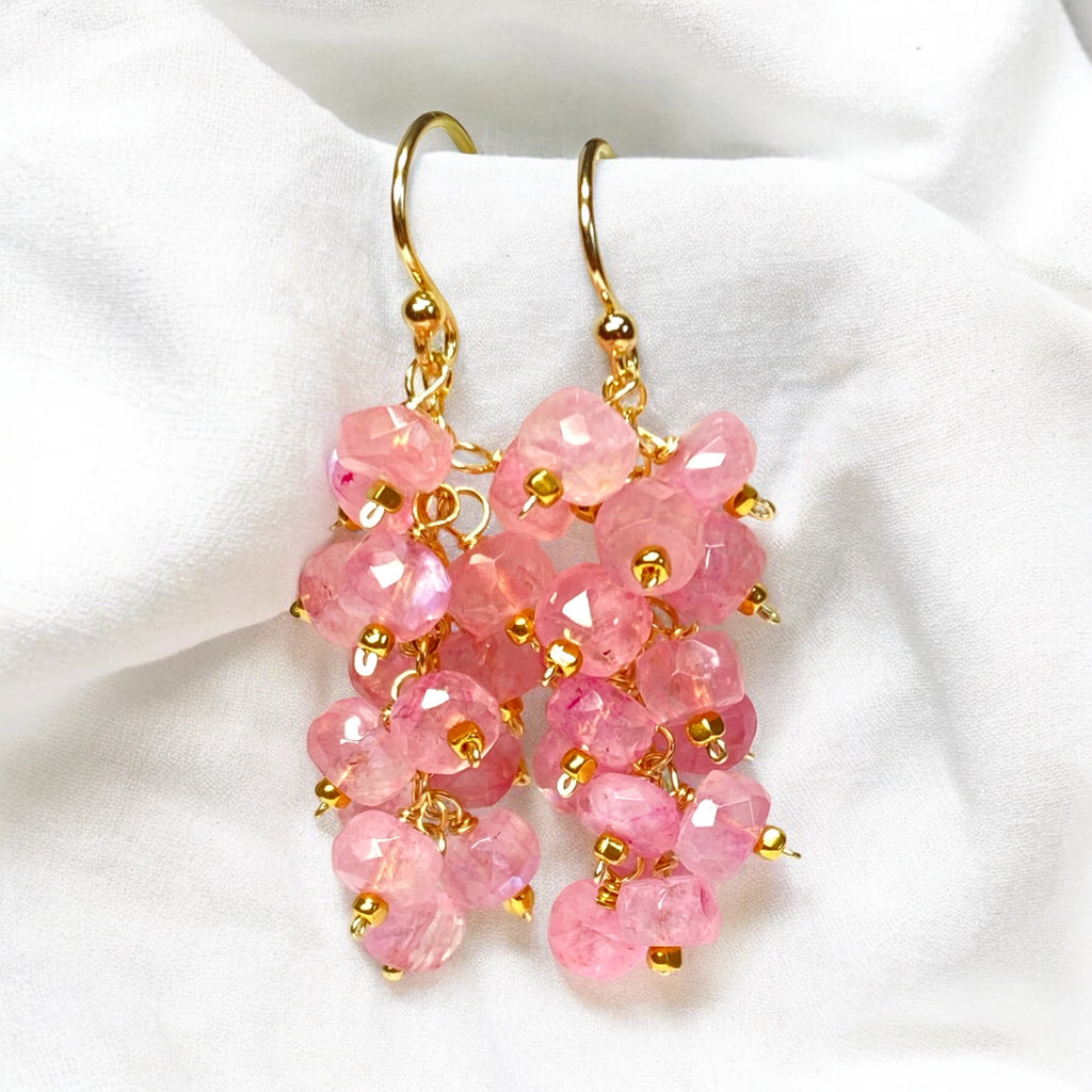 pink moonstone cluster tassel earrings in gold fill handmade