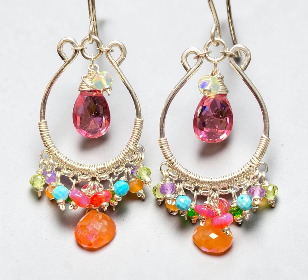 Pink, Orange, Multi Gemstone Sterling Silver Hoop Chandelier Earrings