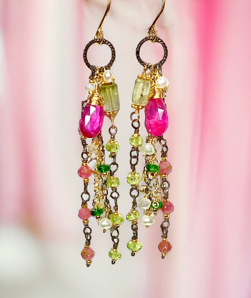 pink Sapphire, peridot and tourmaline gemstone long dangle earrings