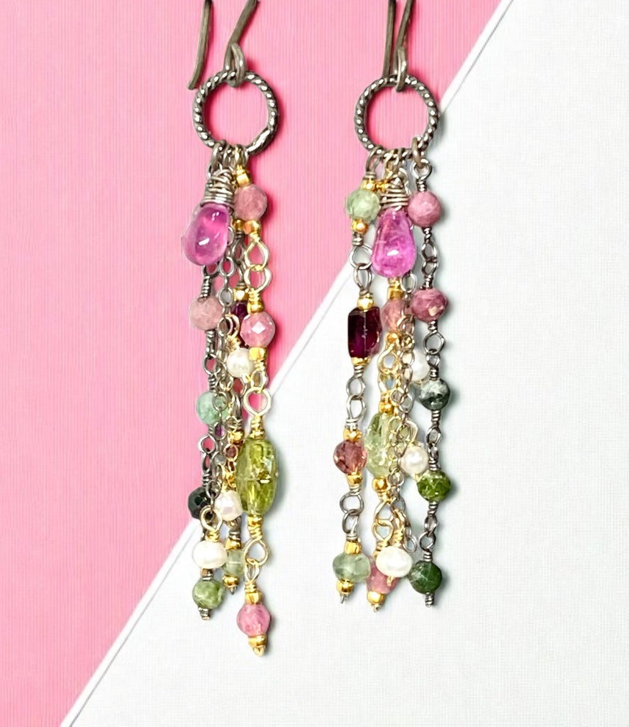 Pink Sapphire, Pink and Green Tourmaline Gemstone Long Dangle Earrings