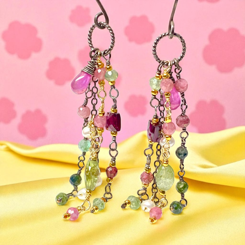 Pink Sapphire, Pink and Green Tourmaline Gemstone Long Dangle Earrings
