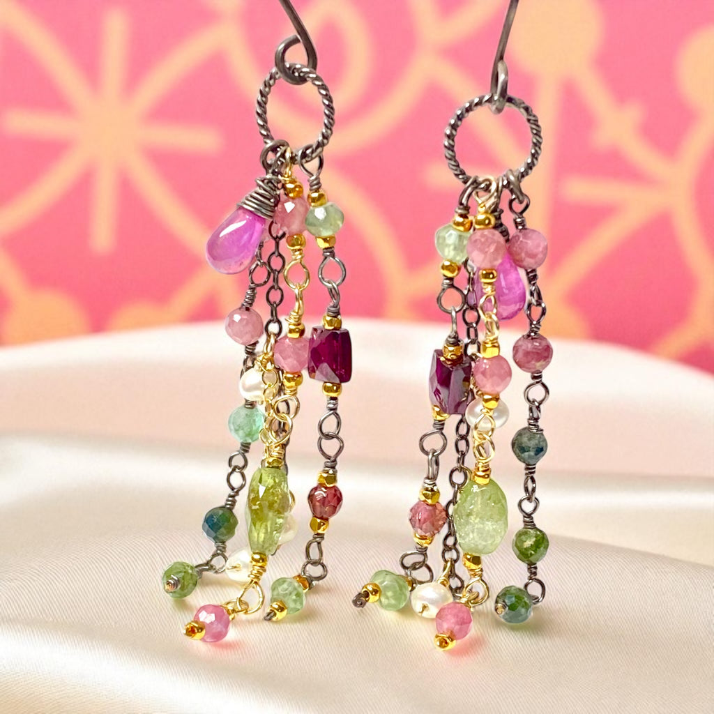 Pink Sapphire, Pink and Green Tourmaline Gemstone Long Dangle Earrings