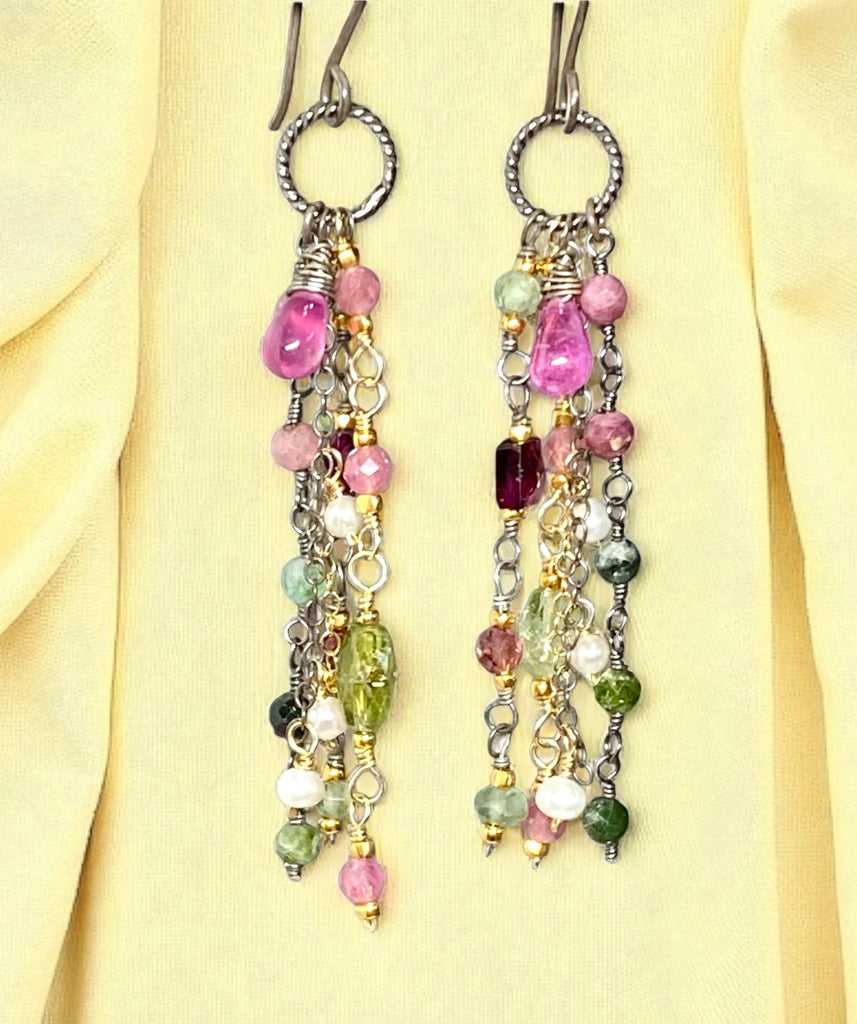 Pink Sapphire, Pink and Green Tourmaline Gemstone Long Dangle Earrings