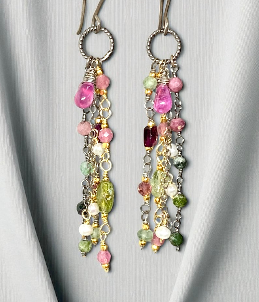 Pink Sapphire, Pink and Green Tourmaline Gemstone Long Dangle Earrings