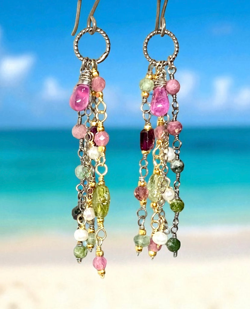 Pink Sapphire, Pink and Green Tourmaline Gemstone Long Dangle Earrings